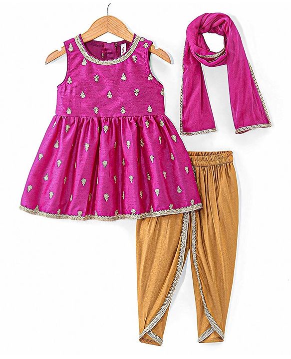 Babyhug Sleeveless Floral Mbrodered Kurti Salwar and Dupatta Set -Magenta Pink