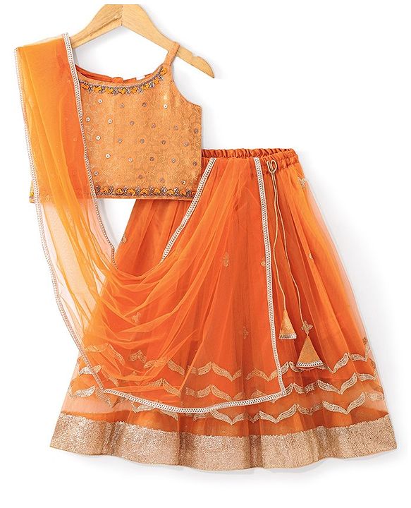 Babyhug  Sleeveless Brocade Choli with Embroided Lehenga and Dupatta - Orange