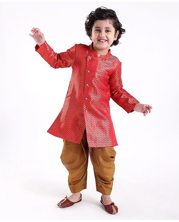 Babyhug Full Sleeves Brocade Embroidered Kurta with Dhoti  Set - Rust