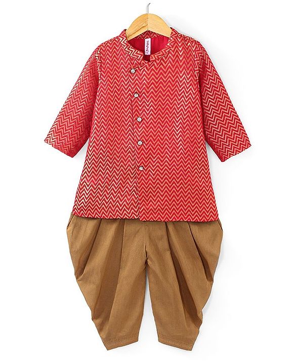 Babyhug Full Sleeves Brocade Embroidered Kurta with Dhoti  Set - Rust