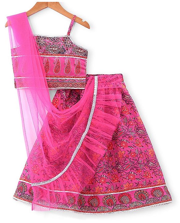Babyhug Sleeveless Chanderi Printed Choli with Lehenga  and Dupatta Set - Pink
