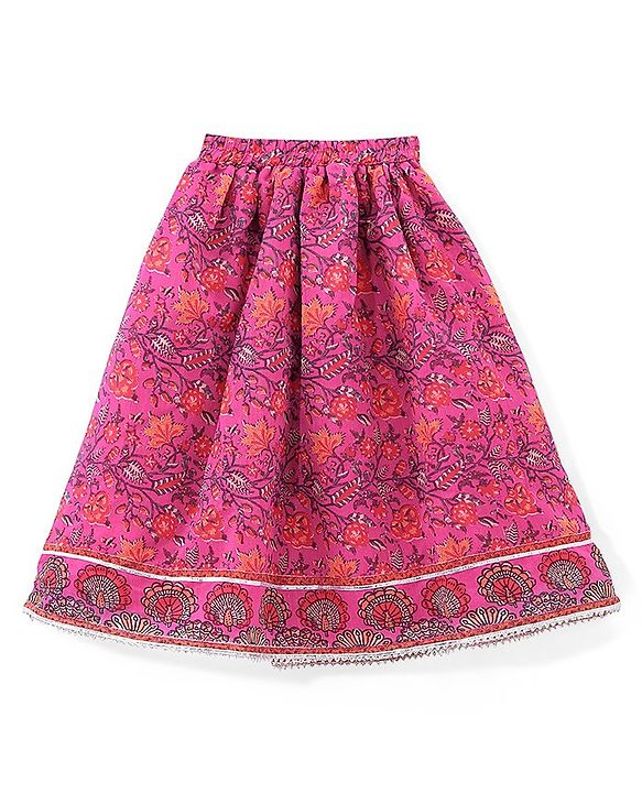 Babyhug Sleeveless Chanderi Printed Choli with Lehenga  and Dupatta Set - Pink