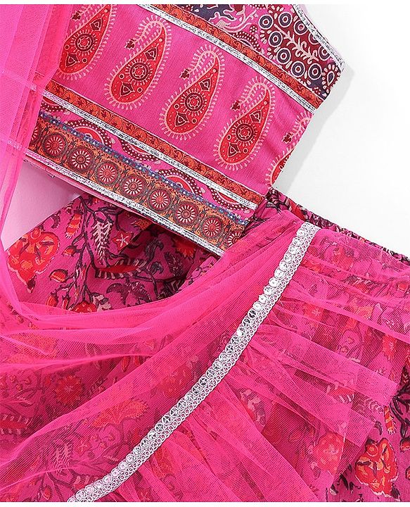 Babyhug Sleeveless Chanderi Printed Choli with Lehenga  and Dupatta Set - Pink
