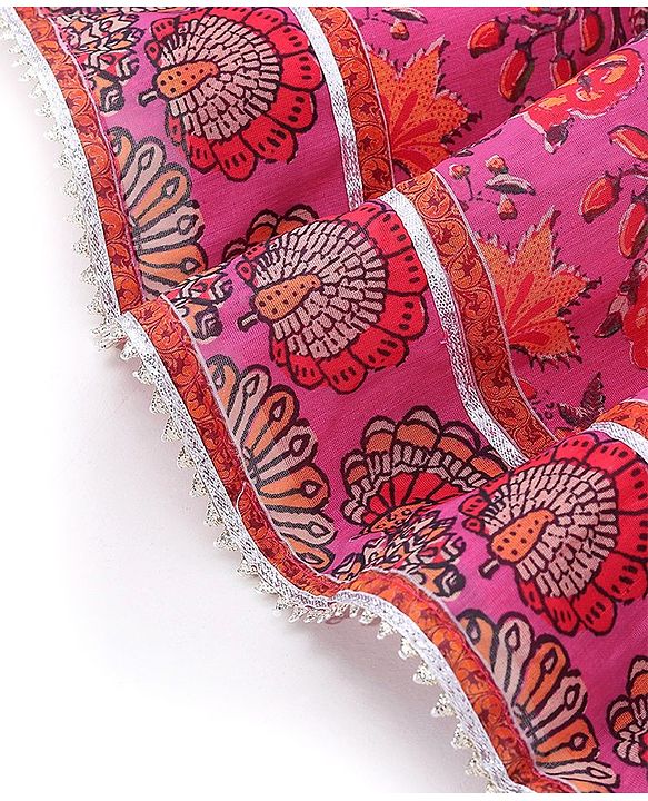 Babyhug Sleeveless Chanderi Printed Choli with Lehenga  and Dupatta Set - Pink