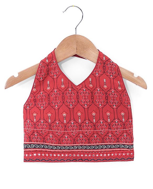 Babyhug Sleeveless Chanderi Printed Choli with Lehenga and Dupatta Set - Maroon