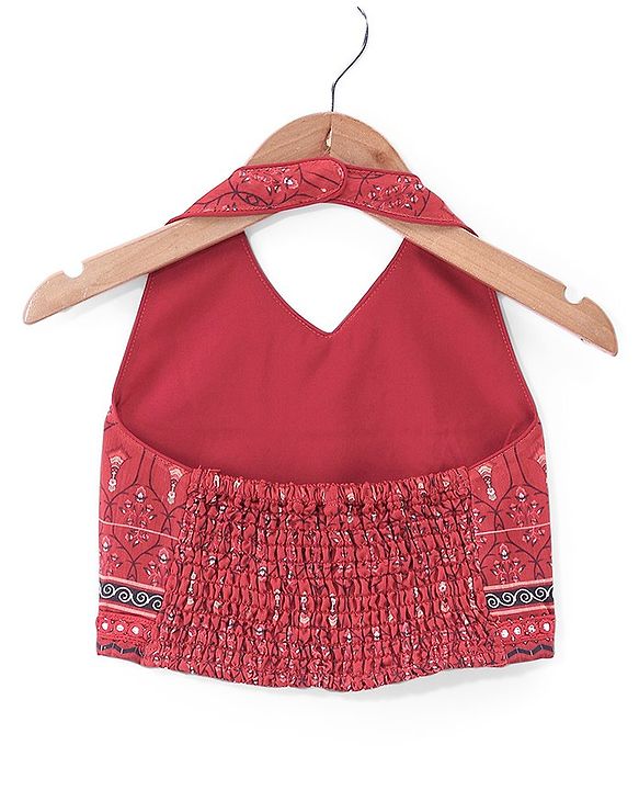 Babyhug Sleeveless Chanderi Printed Choli with Lehenga and Dupatta Set - Maroon