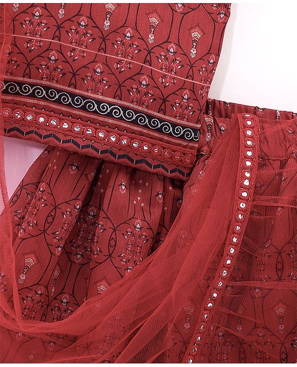 Babyhug Sleeveless Chanderi Printed Choli with Lehenga and Dupatta Set - Maroon