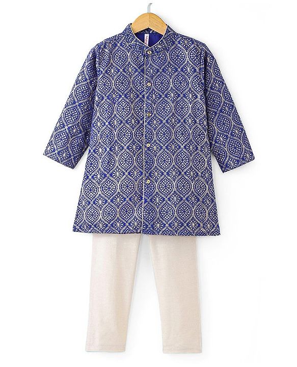 Babyhug Full Sleeves Foil Printed Kurta Pyjama Set-Blue