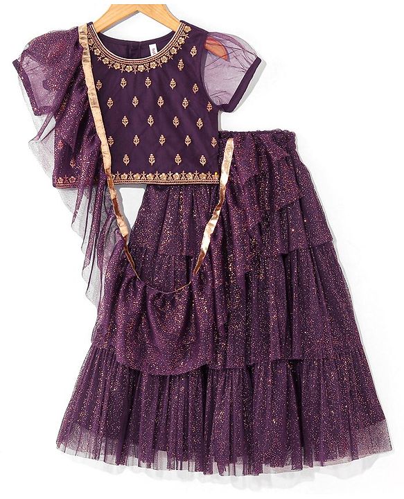 Babyhug Woven Short Sleeves Embroidered Choli with Shimmer Net Lehenga & Dupatta - Purple