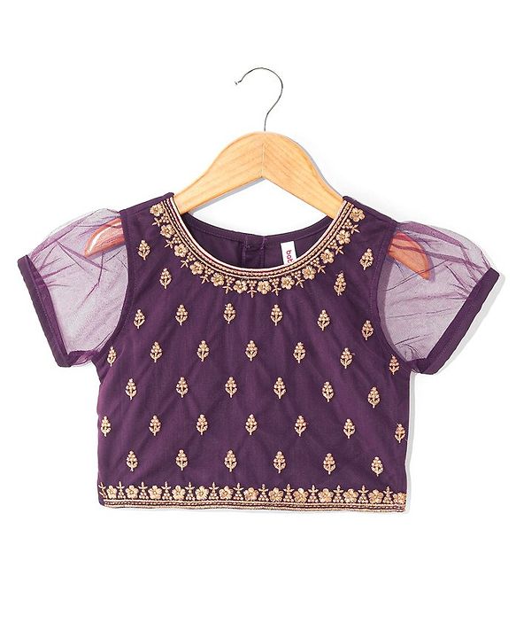 Babyhug Woven Short Sleeves Embroidered Choli with Shimmer Net Lehenga & Dupatta - Purple