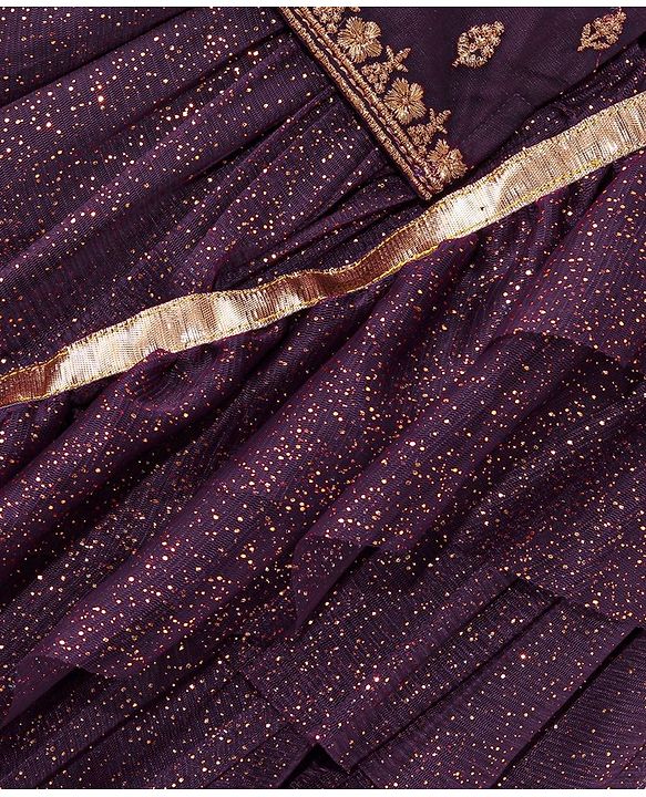 Babyhug Woven Short Sleeves Embroidered Choli with Shimmer Net Lehenga & Dupatta - Purple