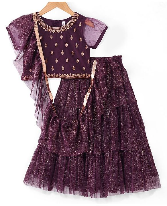 Babyhug Cotton Half Sleeve Embroidered Choli With Shimmer Net Lehenga And Dupatta - Purple