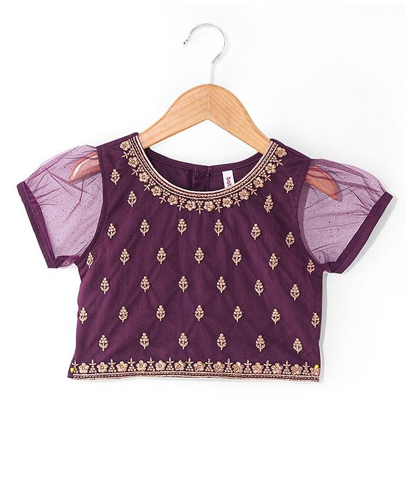 Babyhug Cotton Half Sleeve Embroidered Choli With Shimmer Net Lehenga And Dupatta - Purple
