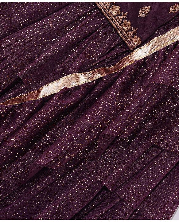 Babyhug Cotton Half Sleeve Embroidered Choli With Shimmer Net Lehenga And Dupatta - Purple