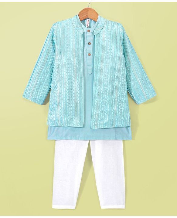 Babyhug Full Sleeves Solid Kurta Pyjama Set with Sherwani Embroidered Jacket  - Mint Green
