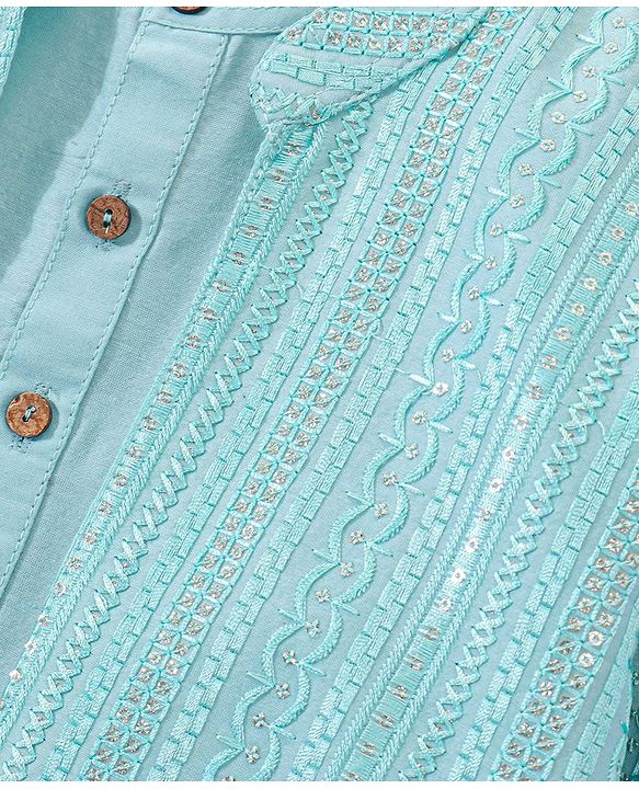 Babyhug Full Sleeves Solid Kurta Pyjama Set with Sherwani Embroidered Jacket  - Mint Green