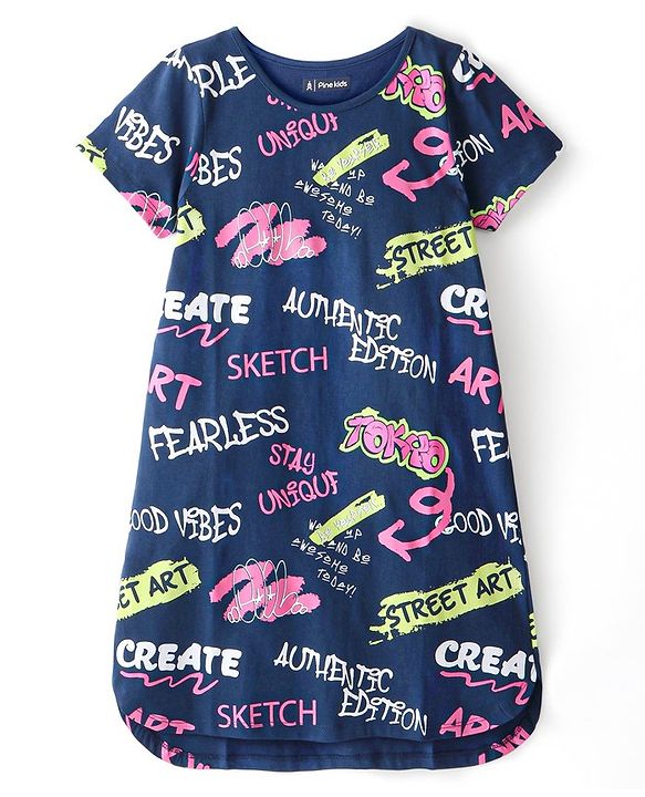 Pine Kids Half Sleeves Nighty With Text Print - Navy Peony