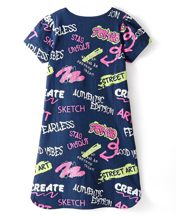 Pine Kids Half Sleeves Nighty With Text Print - Navy Peony