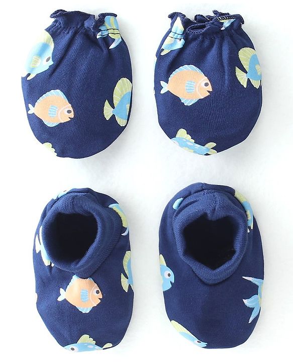 Babyhug 100% Cotton Knit Mitten & Booties Marine Life Print - Navy Blue