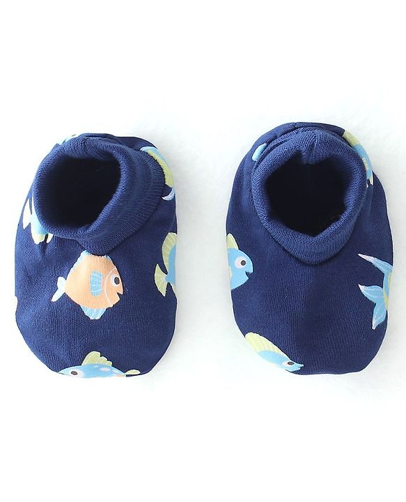 Babyhug 100% Cotton Knit Mitten & Booties Marine Life Print - Navy Blue