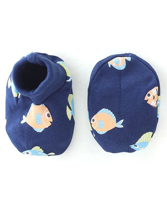 Babyhug 100% Cotton Knit Mitten & Booties Marine Life Print - Navy Blue