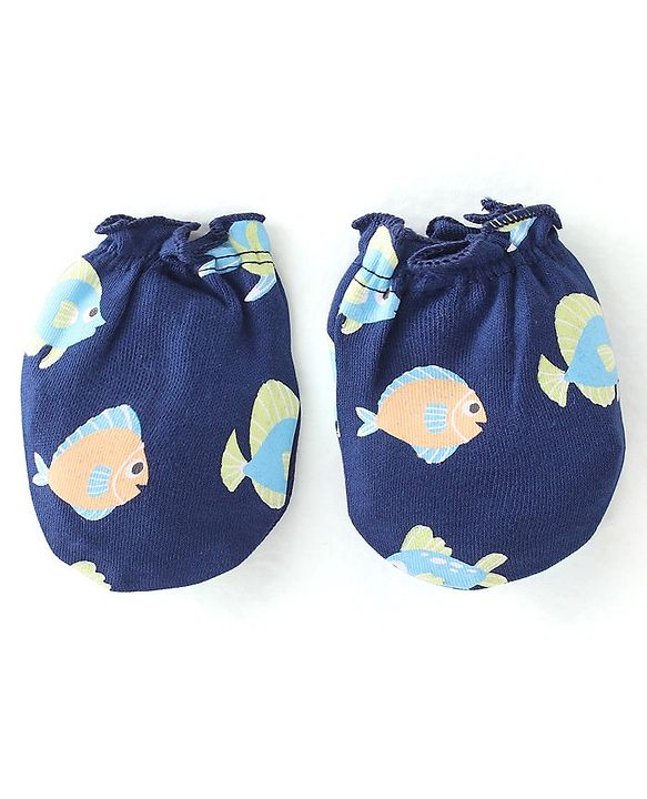 Babyhug 100% Cotton Knit Mitten & Booties Marine Life Print - Navy Blue