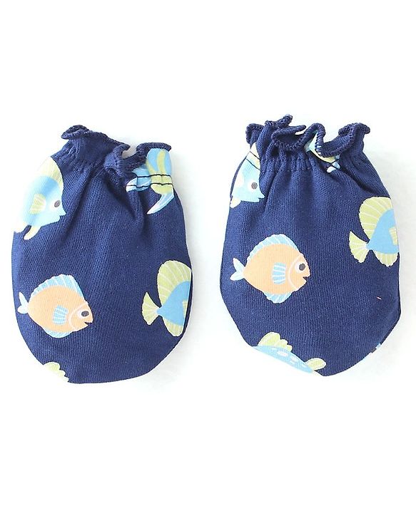 Babyhug 100% Cotton Knit Mitten & Booties Marine Life Print - Navy Blue