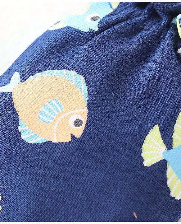 Babyhug 100% Cotton Knit Mitten & Booties Marine Life Print - Navy Blue