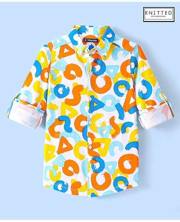 Pine Kids 100% Cotton Knit Full Sleeves Roll Up Shirt Abstract Printed - Multicolor