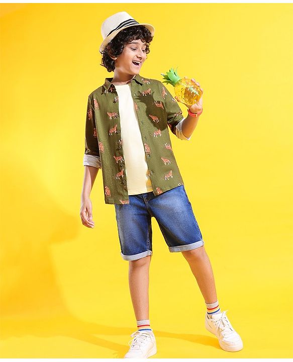 Pine Kids 100% Cotton Knit Full Sleeves Tiger Printed Shirt - Green