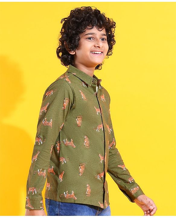 Pine Kids 100% Cotton Knit Full Sleeves Tiger Printed Shirt - Green