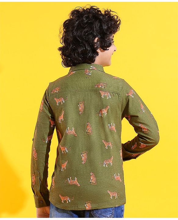 Pine Kids 100% Cotton Knit Full Sleeves Tiger Printed Shirt - Green
