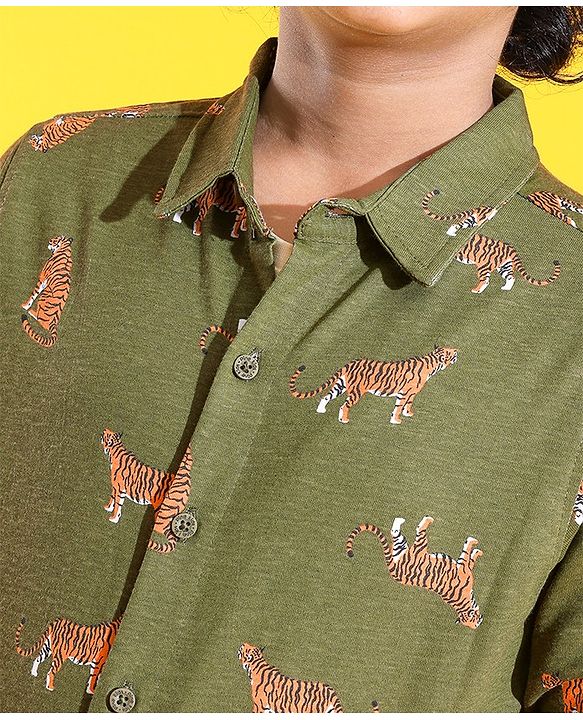 Pine Kids 100% Cotton Knit Full Sleeves Tiger Printed Shirt - Green