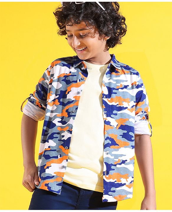 Pine Kids 100% Cotton Knit Full Sleeves Roll Up Shirt Camouflage Printed - Blue