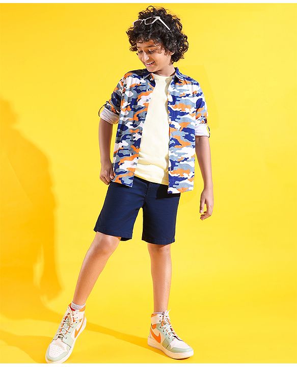 Pine Kids 100% Cotton Knit Full Sleeves Roll Up Shirt Camouflage Printed - Blue