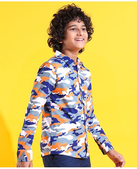 Pine Kids 100% Cotton Knit Full Sleeves Roll Up Shirt Camouflage Printed - Blue