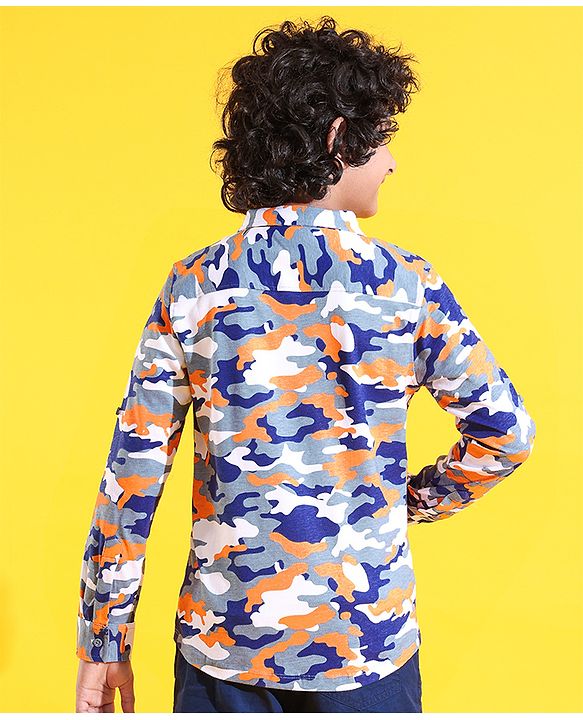 Pine Kids 100% Cotton Knit Full Sleeves Roll Up Shirt Camouflage Printed - Blue