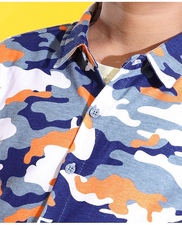 Pine Kids 100% Cotton Knit Full Sleeves Roll Up Shirt Camouflage Printed - Blue