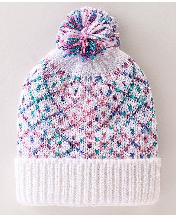 Babyhug Woollen Caps with Pompom - White & Pink