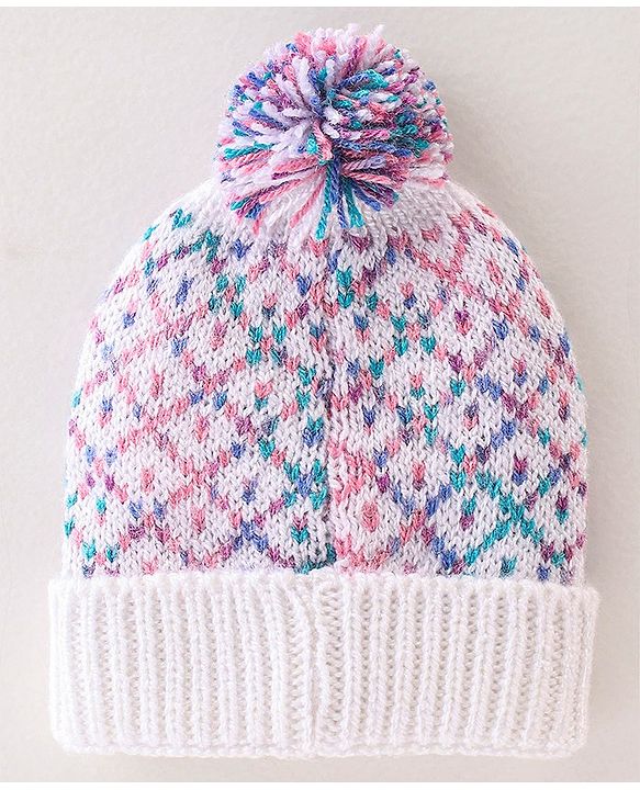 Babyhug Woollen Caps with Pompom - White & Pink