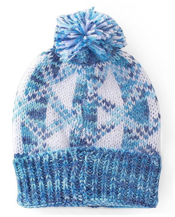 Babyhug Woollen Caps with Pompom - White & Blue