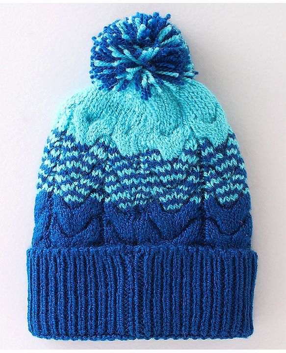 Babyhug Woollen Caps with Pompom - Navy Blue & Blue