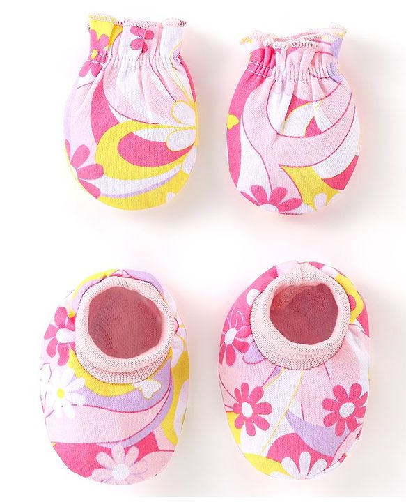 Babyhug 100% Cotton Knit Mitten & Booties Floral Print - Pink