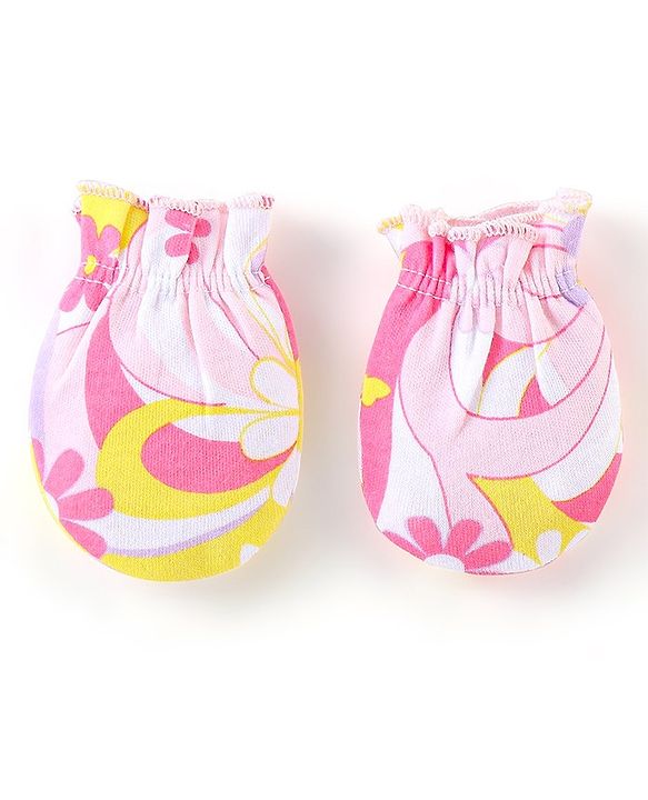 Babyhug 100% Cotton Knit Mitten & Booties Floral Print - Pink