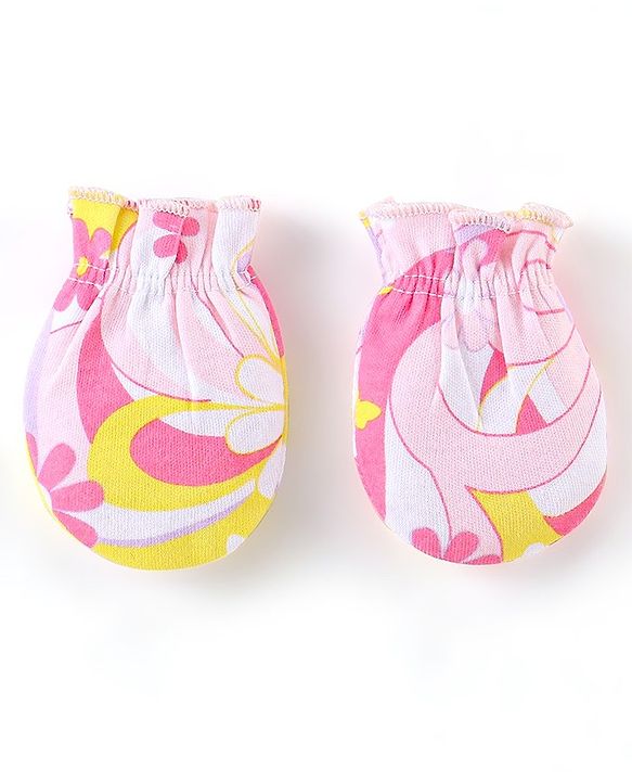 Babyhug 100% Cotton Knit Mitten & Booties Floral Print - Pink