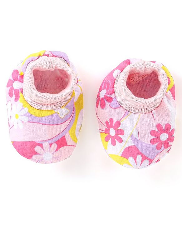 Babyhug 100% Cotton Knit Mitten & Booties Floral Print - Pink