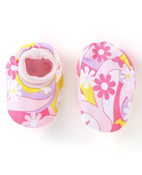 Babyhug 100% Cotton Knit Mitten & Booties Floral Print - Pink