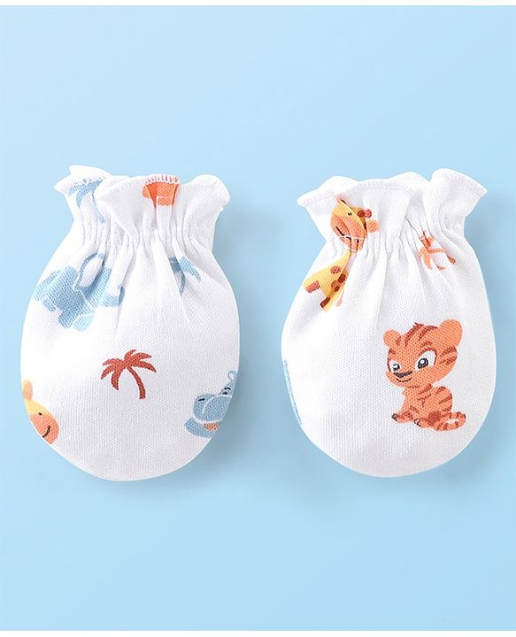 Babyhug 100% Cotton Knit Tiger Print Mittens & Booties - White