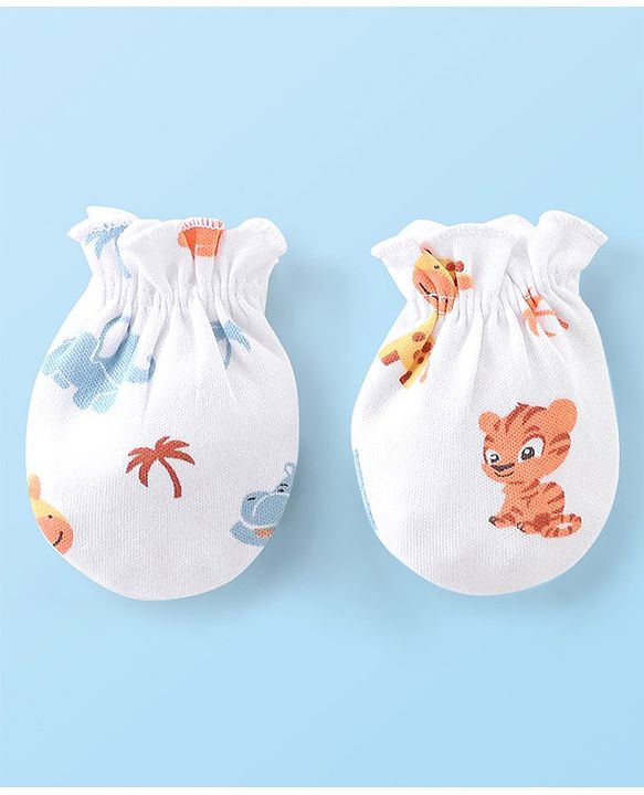 Babyhug 100% Cotton Knit Tiger Print Mittens & Booties - White