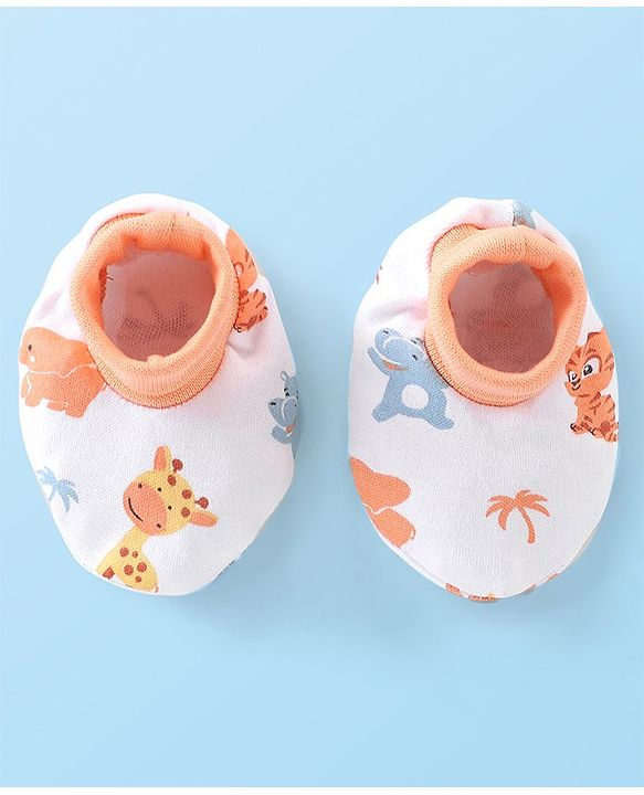 Babyhug 100% Cotton Knit Tiger Print Mittens & Booties - White